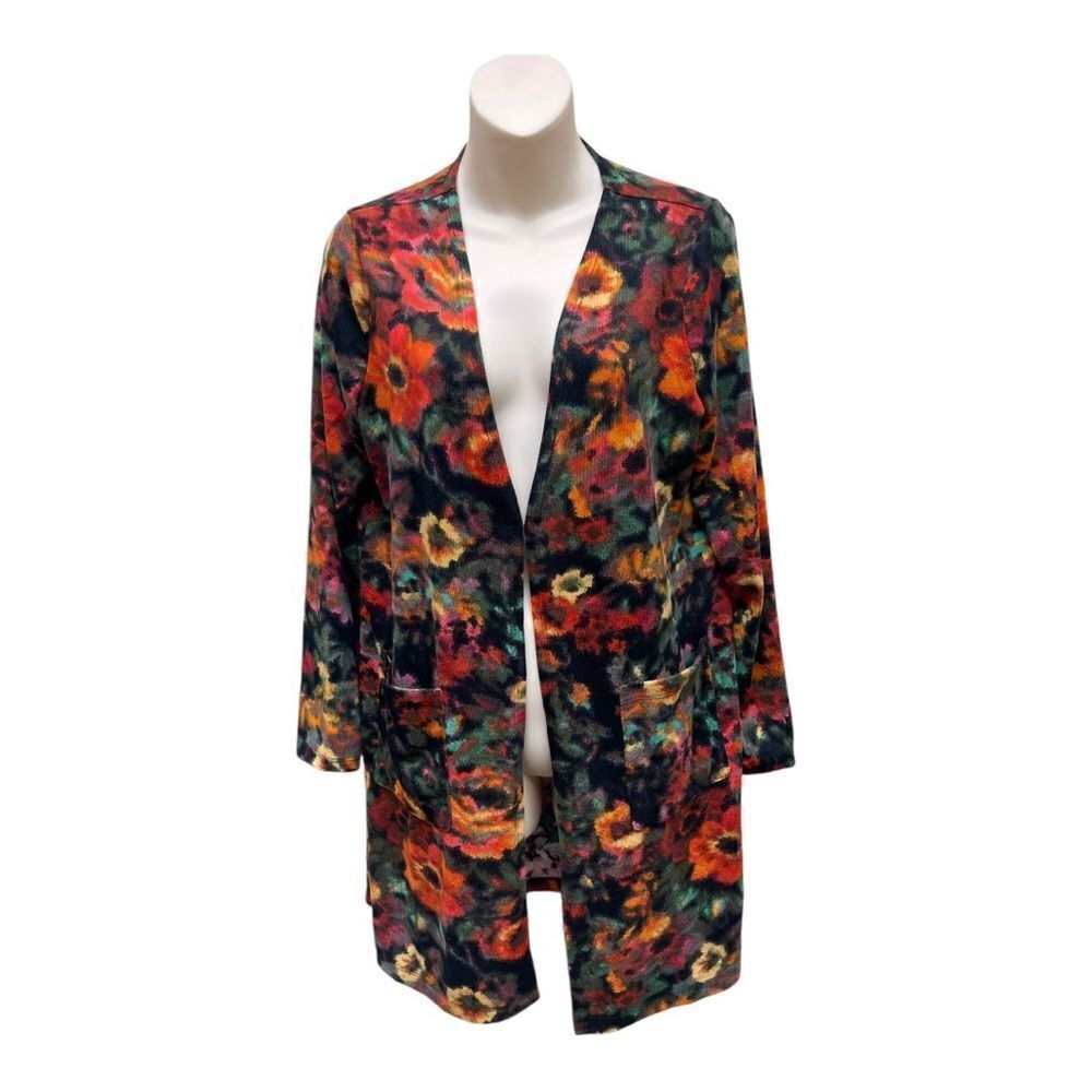 Nina Leonard Dolce Knit Duster Cardigan Women PM Pockets Floral Print Orange